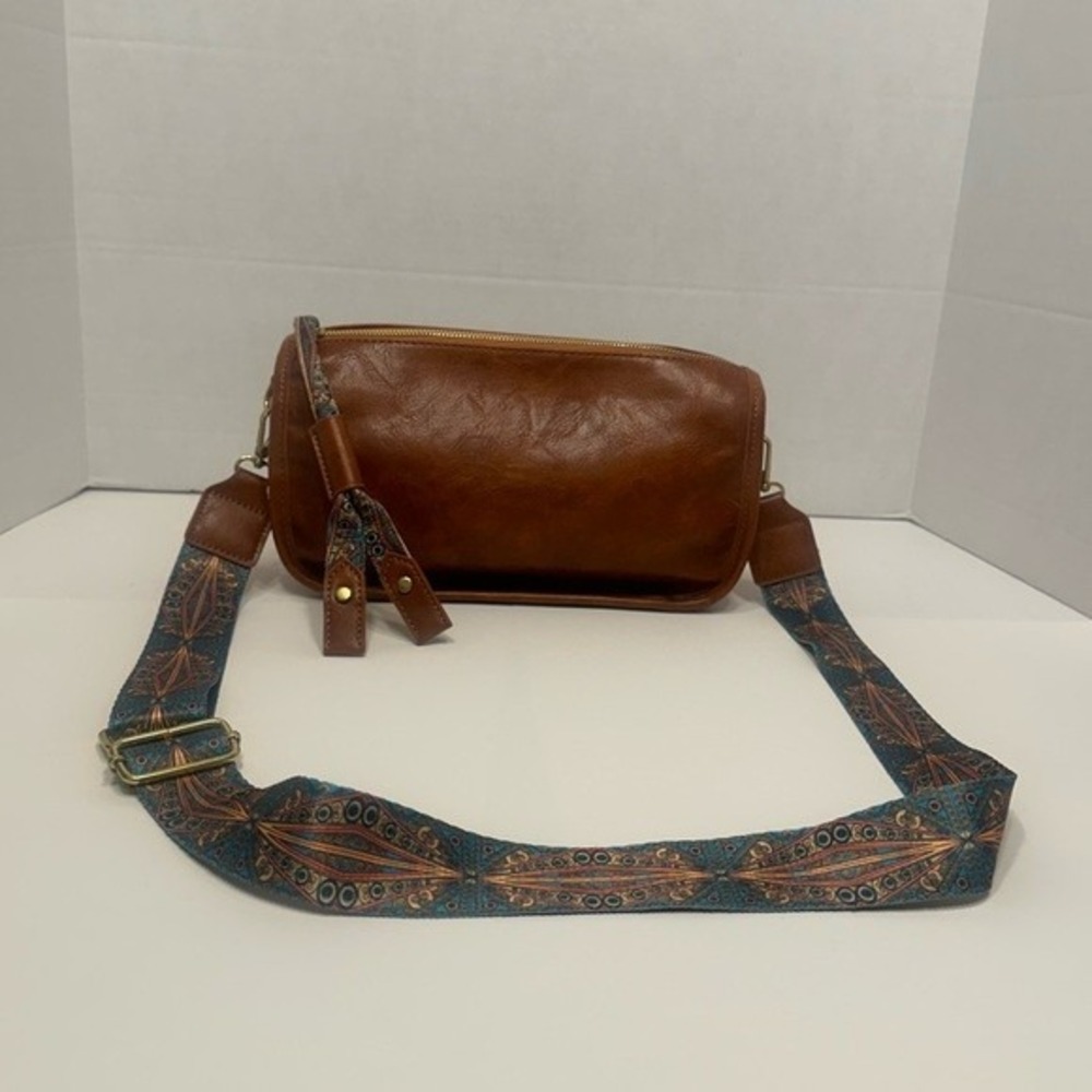 Cognac Brown Faux Leather Crossbody Bag with Teal Geometric Guitar Strap Boho